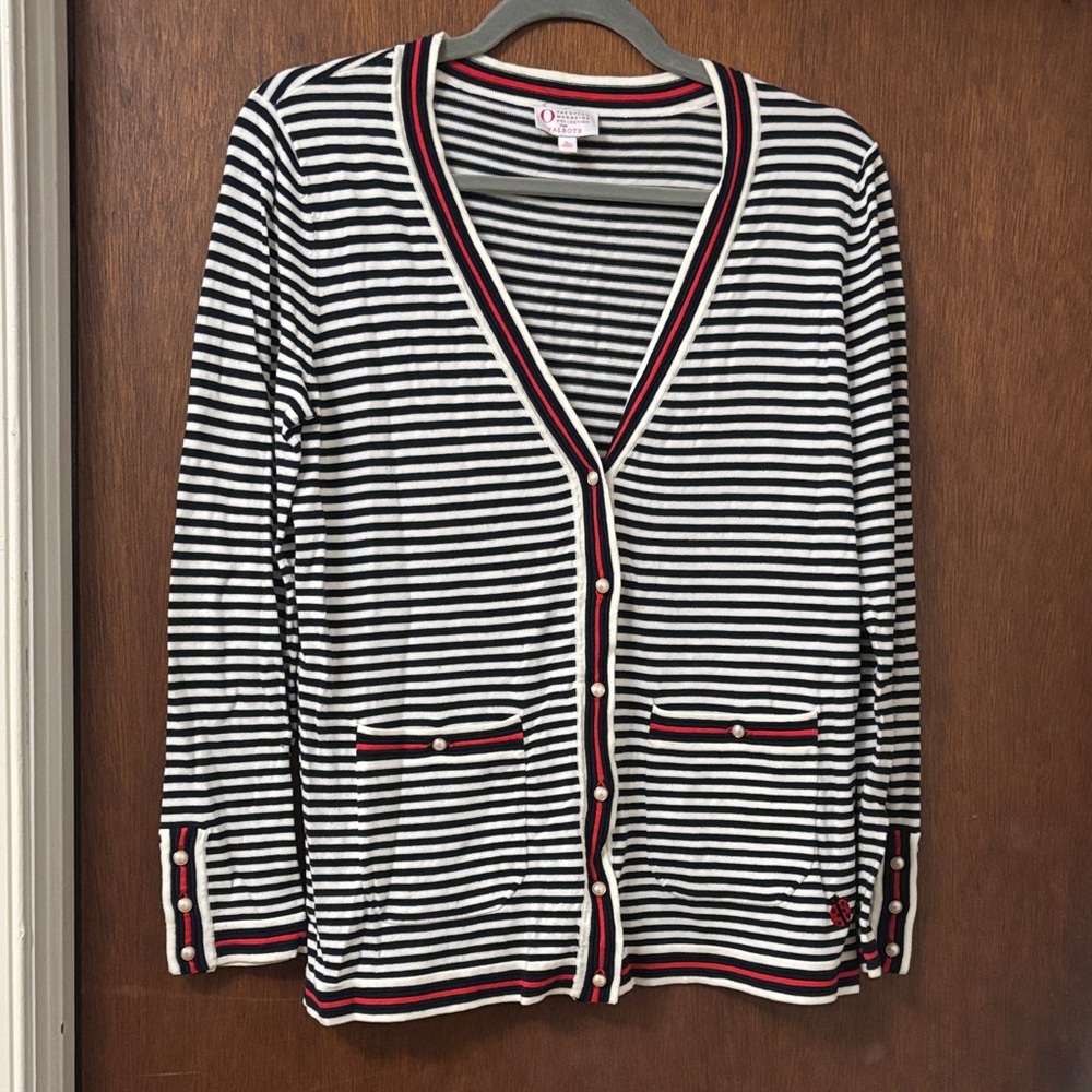 Talbots Striped V-Neck Cardigan with Contrast Trim - Navy, White & Red